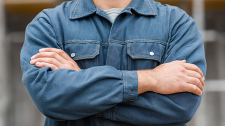 A confident male worker poses with crossed arms in a blue denim jacket, showcasing a strong and determined expression against a construction backdrop.の素材