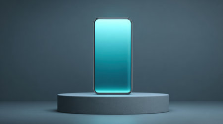 A sleek smartphone with a blue gradient screen stands prominently on a neutral podium, showcasing a minimalist design in a gray background, perfect for branding and marketing.の素材