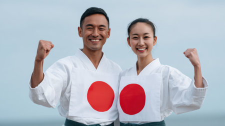 Two enthusiastic martial artists display pride and joy outdoors, embracing their cultural heritage with vibrant attire and spirited poses by the ocean.の素材