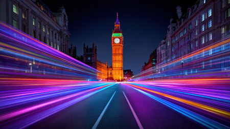 This stunning image captures vibrant light trails racing down a street in London, featuring the iconic clock tower against a night sky backdrop.の素材