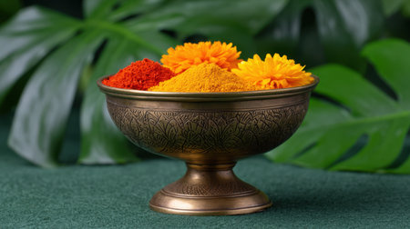 This image showcases a beautifully crafted bowl filled with vibrant spices and adorned with marigold flowers, set against a lush green background, perfect for culinary and cultural themes.の素材