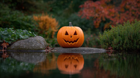 A charming jack-o'-lantern sits on a stone, beautifully reflecting in still water amidst vibrant autumn foliage. Perfect for Halloween themes.の素材
