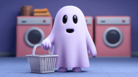 A cheerful cartoon ghost character holding a basket stands in a colorful laundry room, surrounded by bright washing machines and soft towels, creating a playful atmosphere.の素材