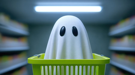 A whimsical ghost made of cloth sits inside a bright green shopping basket in a vibrant store aisle, perfect for Halloween-themed design and festive projects.の素材