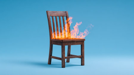 A striking image of a wooden chair with flames emerging from its seat, set against a vibrant blue background, illustrating themes of danger and destruction.の素材