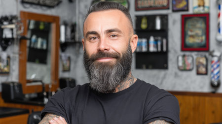 A confident male barber with a well-groomed beard and tattoos smiles in his stylish barbershop, radiating professionalism and charm, ready to engage.の素材