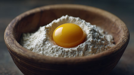 A captivating close-up of a bright yellow egg yolk sitting atop a mound of white flour in a rustic wooden bowl. Ideal for cooking and baking visuals.の素材