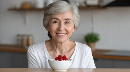 A joyful senior woman smiles warmly at the camera while enjoying a bowl of yogurt topped with fresh strawberries in a cozy kitchen.の素材