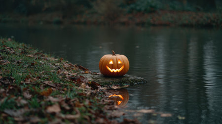 This captivating image features a carved jack-o'-lantern glowing softly on a tranquil riverside, surrounded by colorful autumn leaves, evoking Halloween spirit.の素材