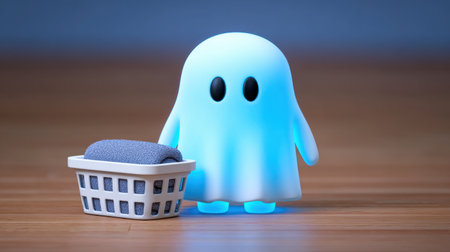 A charming glowing ghost character stands beside a small laundry basket filled with a soft towel, creating a whimsical and playful domestic scene.の素材