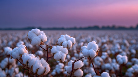 A serene close-up of cotton plants in a field during sunset, showcasing the delicate white cotton bolls against a colorful sky.の素材