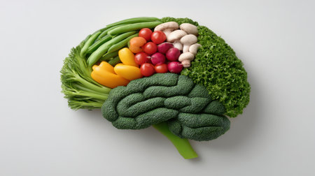 A creative arrangement of colorful vegetables resembling a human brain, symbolizing healthy eating and nutrition. Ideal for health and wellness concepts.の素材