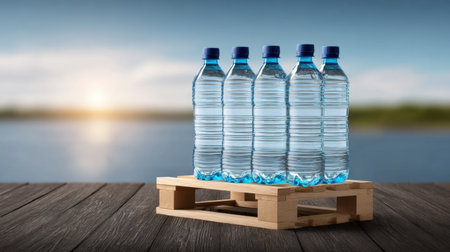 Five bottles of clear water stand on a wooden palette, set against a scenic lakeside backdrop during sunrise, evoking freshness and tranquility.の素材