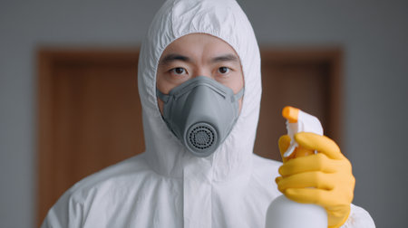 A serious man wearing protective gear and a face mask is holding a cleaning spray bottle, emphasizing safety and hygiene in a sanitized indoor environment.の素材
