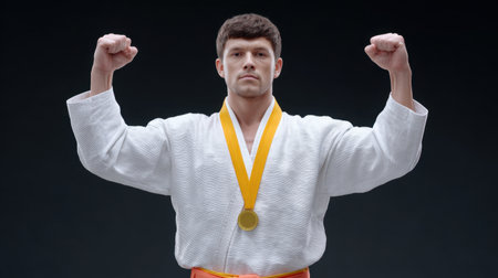 A male athlete in a martial arts uniform poses confidently with raised arms, displaying his gold medal. This image captures a powerful moment of triumph and dedication in sports.の素材