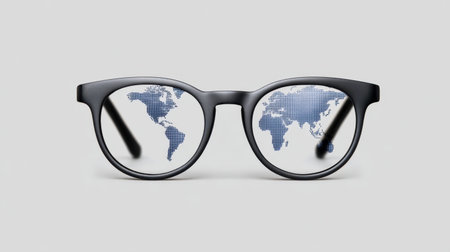 Fashionable glasses display a digital world map on their lenses, symbolizing global awareness and connection in a modern technological landscape.の素材