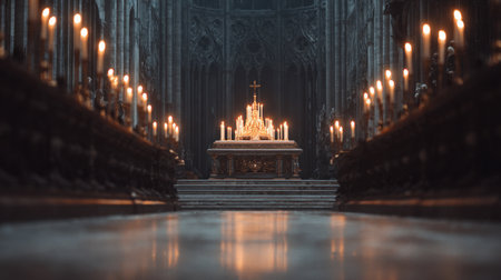This captivating image showcases the interior of a gothic cathedral, featuring an ornate altar illuminated by flickering candles, creating a tranquil atmosphere for reflection and reverence.の素材