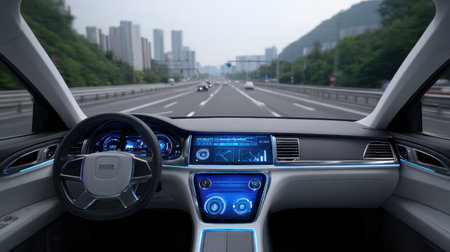 This image captures a futuristic car interior showcasing advanced technology and a panoramic view of an urban landscape. The sleek dashboard features an interactive screen and modern design elements, perfect for showcasing innovation in transportation.の素材