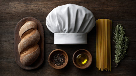 A stylish wooden table showcases fresh ingredients, including a loaf of bread, pasta, herbs, and a chef hat, perfect for culinary creations.の素材