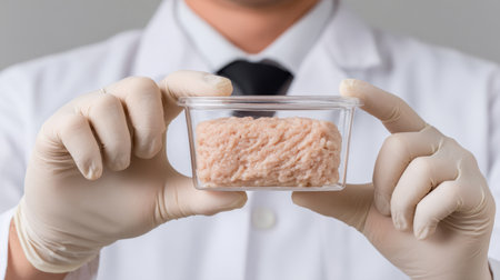 A scientist in a white lab coat demonstrates professionalism while holding a plastic container of raw ground meat for research on food quality and safety.の素材