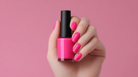 A vibrant pink nail polish bottle held by a well-groomed hand against a soft pink background, perfect for showcasing beauty and fashion themes.の素材