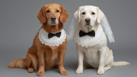 Two charming dogs are dressed in adorable bridal costumes with veils and bow ties, showcasing the joy of love and celebration in pet photography.の素材