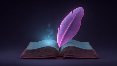An enchanting image of an open book with a floating feather quill, radiating a magical glow in a dark background. Perfect for themes of imagination, creativity, and storytelling.の素材