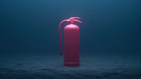 A striking pink fire extinguisher stands out in an underwater scene, illuminated by soft lights, showcasing its unique design and importance in safety.の素材