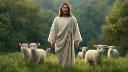 A serene figure walks among a flock of sheep in a lush green landscape, embodying themes of peace, guidance, and spirituality in a tranquil setting.の素材