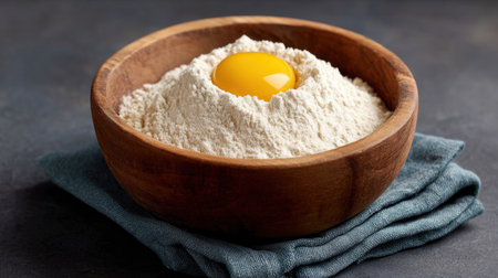 A close-up of a fresh egg yolk resting atop a mound of flour in a rustic wooden bowl, set on a soft blue cloth. Ideal for culinary inspirations.の素材