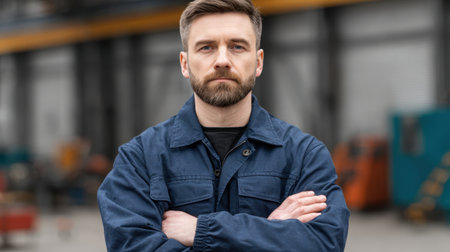 A confident male factory worker stands with arms crossed in a modern industrial setting, exuding professionalism and determination amidst machinery and equipment.の素材