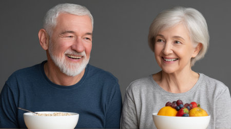 A joyful elderly couple shares a healthy breakfast featuring fruits and oatmeal, embodying happiness, connection, and a vibrant lifestyle against a subtle gray background.の素材