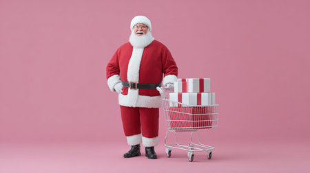 A jolly Santa Claus stands next to a shopping cart filled with beautifully wrapped Christmas gifts, ready to spread joy in a festive atmosphere.の素材