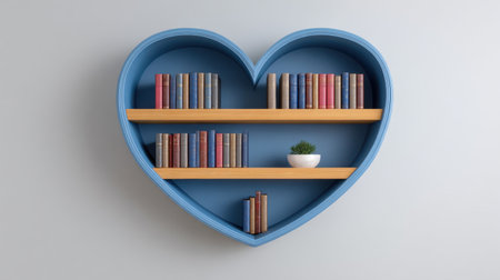 Unique heart-shaped bookshelf showcases colorful books and a green plant, adding a touch of warmth and creativity to home decor and interior design.の素材