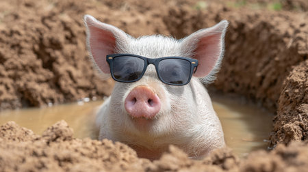 A charming pig wearing stylish sunglasses enjoys a relaxing day in a muddy pool on a farm, capturing the playful essence of country life and nature.の素材