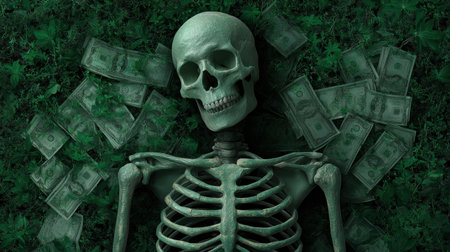 A hauntingly beautiful conceptual image featuring a skeleton surrounded by lush greenery and scattered money, evoking themes of wealth, death, and natureの素材