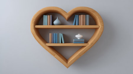 This heart-shaped wooden shelf beautifully combines functionality and aesthetic appeal, featuring books and decorative items perfect for modern interiors.の素材