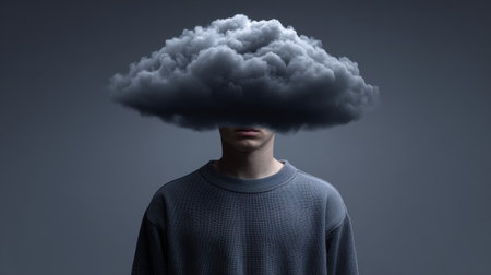 A captivating portrait showcasing a person with a cloud hovering above their head, representing emotional turmoil and mental health struggles in a creatively dark setting.の素材