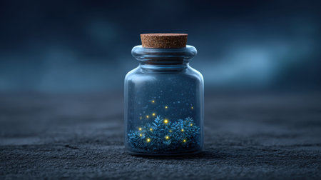 This captivating image features a glass jar filled with glowing blue plants, topped with a cork lid. Set against a dark background, it evokes a magical and serene atmosphere, perfect for fantasy themes or nature-inspired decor.の素材