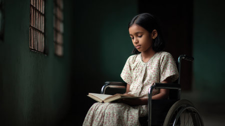 A young girl sits in a wheelchair, deeply immersed in a book, surrounded by a serene indoor environment filled with soft natural light.の素材