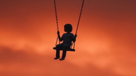 A captivating silhouette of a child on a swing against a stunning orange sunset sky, capturing the essence of childhood, joy, and freedom.の素材
