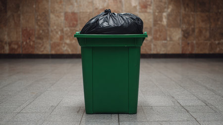 A green trash bin filled with a black garbage bag sits prominently on a tiled floor in an indoor environment, emphasizing waste management and cleanliness.の素材