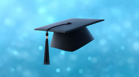A classic black graduation cap, symbolizing academic achievement, floats on an elegant blue background with soft bokeh lights, perfect for celebration themes.の素材