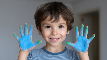 A joyful boy proudly displays his painted hands in vibrant colors, embodying the essence of creativity and the joy of childhood exploration indoors.の素材
