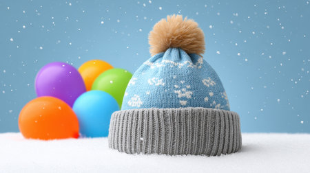 A cozy winter hat featuring a fluffy pom pom sits on a snowy background, accompanied by vibrant colored balls, creating a playful and cheerful scene.の素材