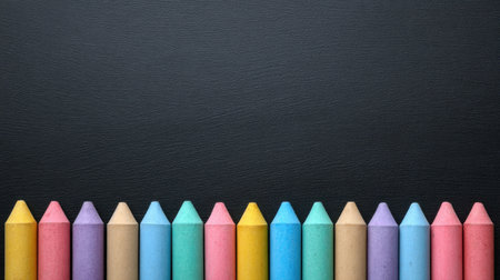 A vibrant arrangement of colorful chalk pieces against a sleek black background. Ideal for art projects, school activities, or playful creative endeavors.の素材