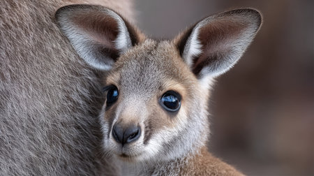 A close-up of a baby kangaroo displaying soft fur and large expressive eyes, nestled against its mother in a serene natural setting.の素材
