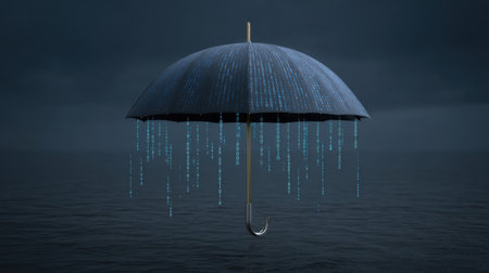 A striking image of an umbrella floating above an ocean, surrounded by digital rain in binary code. The scene captures a blend of technology and nature, evoking themes of isolation and creativity amidst a tranquil night sky.の素材