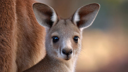 This captivating image captures a young kangaroo nestled close to its mother, showcasing a moment of tenderness and warmth in a natural setting.の素材