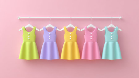 This image features five vibrant baby dresses neatly hung on a white rod against a soft pink background, perfect for showcasing children's fashion styles.の素材